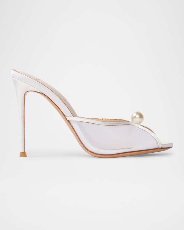 Pearly Mesh Peep-Toe Slide Sandals